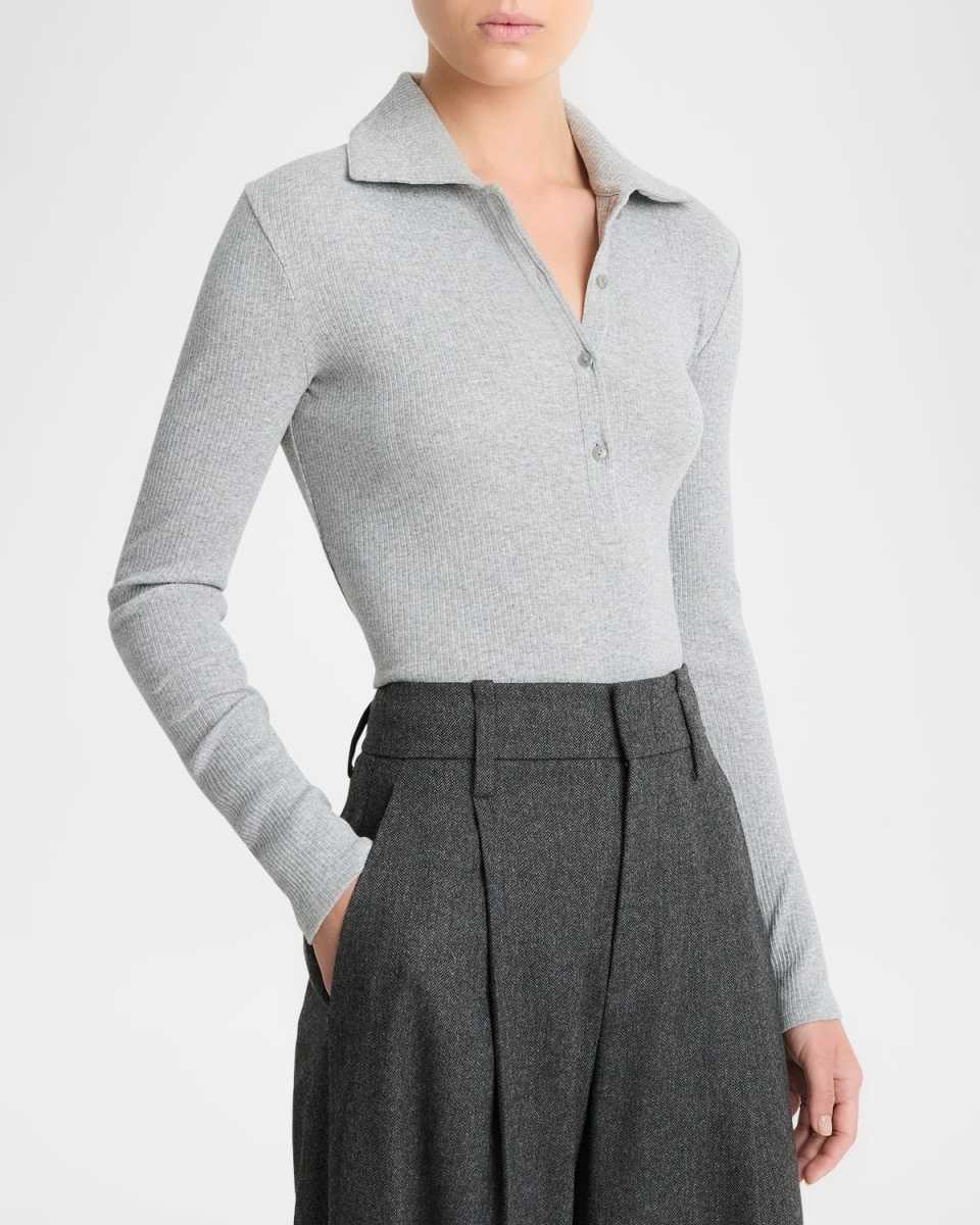 Ribbed Long-Sleeve Polo Top